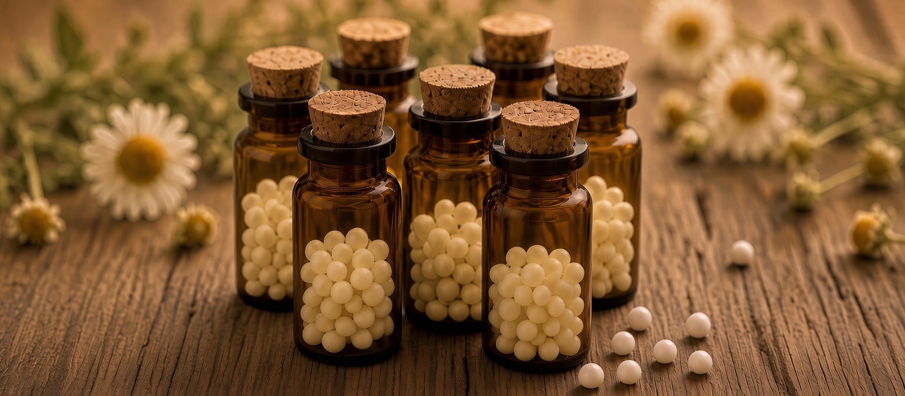 Amber glass homeopathy bottles filled with pellets, surrounded by chamomile flowers, on a rustic wood table