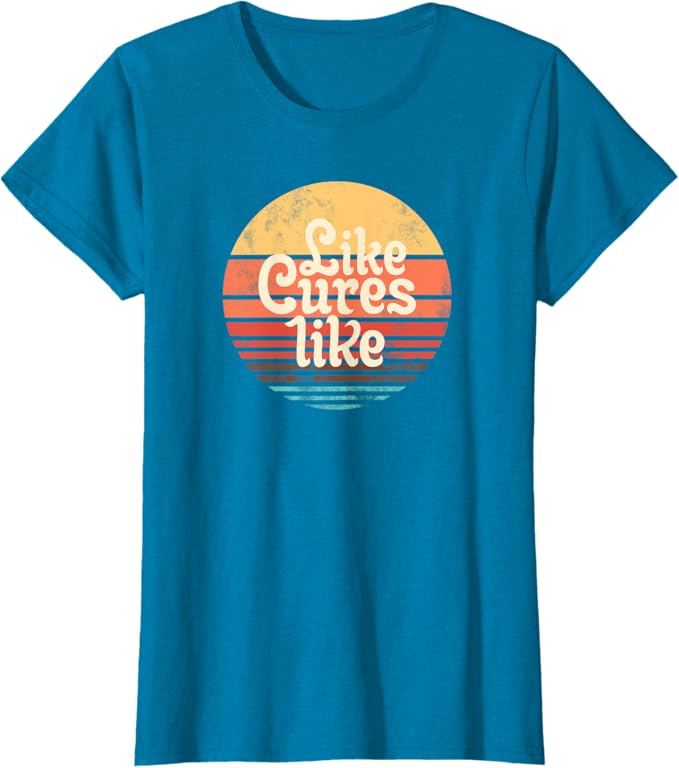 Teal t-shirt with retro sunset Like Cures Like homeopathy design