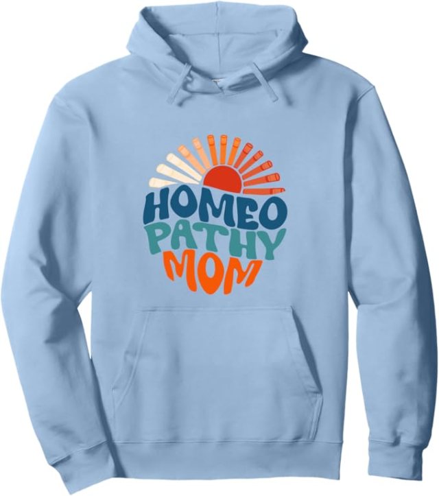 Light blue hoodie with retro sunburst Homeopathy Mom design