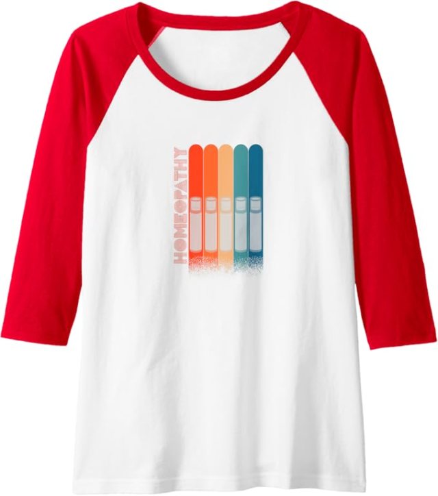 Red and white raglan shirt with It's Not Hoarding If It's Homeopathy design