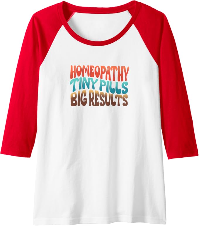 Red and white raglan baseball tee with Homeopathy Pills equals Results design