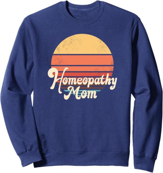 Navy sweatshirt with retro sunset Homeopathy Mom design