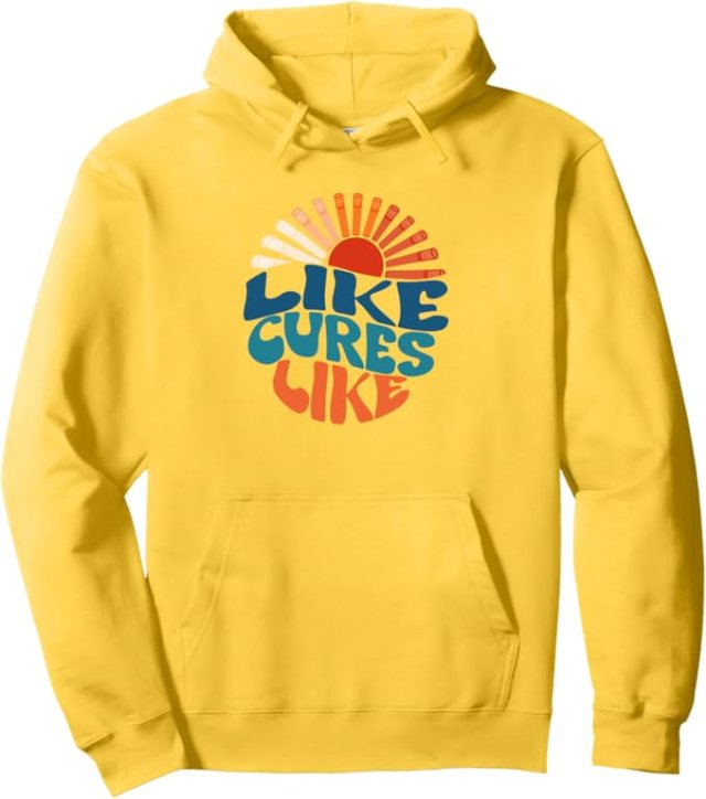 Yellow hoodie with Like Cures Like design