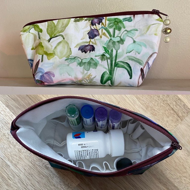 Homeopathy remedy travel bag with elastic tube slots, lined with EMF-blocking metallic fabric